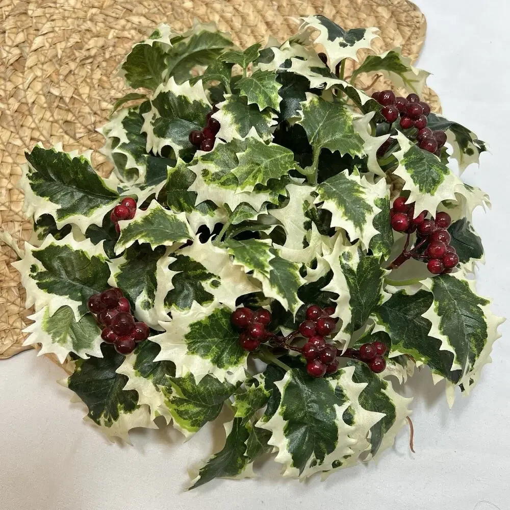 Vintage Candle Ring Centerpiece Wreath Variegated Green White Holly Red Berries